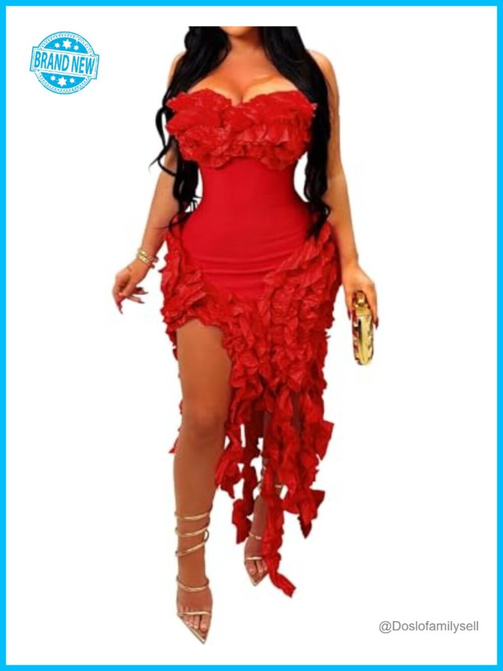 Women's Strapless Ruffle Bodycon High Low Midi Party Cocktail Dress
